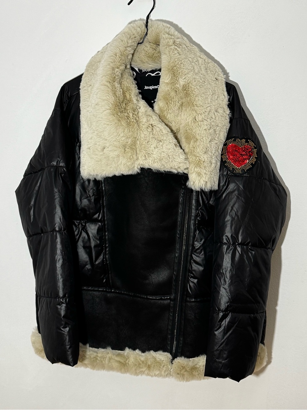 Desigual Women’s Black Puffer Jacket Faux Fur Size M